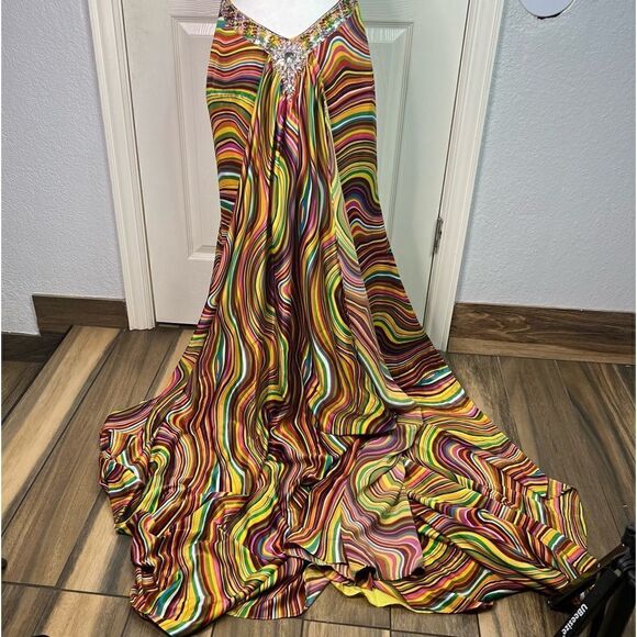 Camille La Vie Multicolor Plunge Neckline Cocktail Prom Long Train Dress Sz 4 - Picture 7 of 16